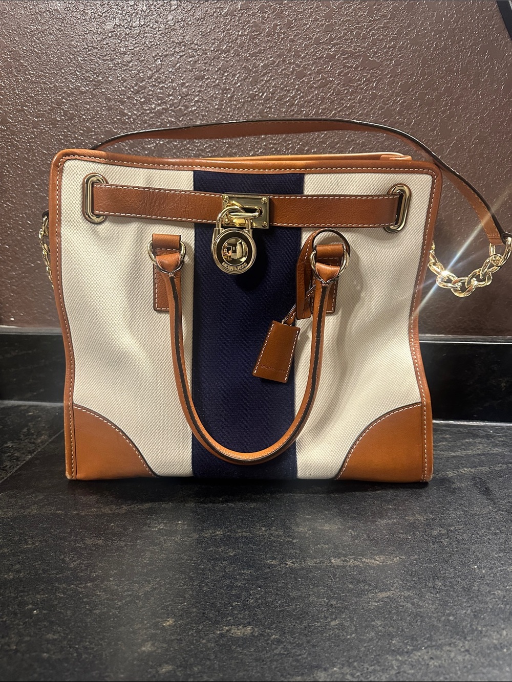 Michael Kors Cream Canvas Satchel with Navy Stripe and Brown Leather Trim